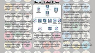 Record Label Roles
1.The president is the highest role in a record
label company or music business. Most of the
major decision making powers lie with the
President.
2.The vice president is below the president but is
above and manages the working of the various
different departments of a music company.
3.The business affairs department takes care of the
main business happenings of the company such as
the finance related affairs and accounts. They
ensure that all business operations run smoothly.
4.The legal department is responsible for
formulating all the contracts that are made
between the company and the artist, as well as
contracts between the record label and other
companies. They handle all the legal problems.
1
2
34
5. The (artists and repertoire) department is the
most glamorous department of a music label
company because it is responsible for finding
and discovering new talent. They have to go
scouting for people that they think will be
successful or have talent.
5 6 7 8 9 10
11 12 13
6. The role of promotion is to make sure the
labels artists get onto the radio, they will have
to make sure artists new songs are being played
so that they can be heard by the public.
7. The Artist Development is who publicizes the
artists and drafts a chart for the career of the
artist. This department takes care of the brand
development of the artist individually and as
associated with the company.
8. The marketing department takes care of publicity
and marketing. Its important for the albums, singles,
artists and songs to get the proper limelight.
9. The publicity department sorts out all the TV,
newspaper and magazine adverts to get the artist
noticed.
10. The new media department takes charge of
the new aspects of media, they will sort out
music and promotional videos.
11. This is usually one person, or small group of
people, who serves as the liaison between the
record company's distribution company either
an entirely separate division under the huge
corporate umbrella or an outside company
responsible for getting the CDs into the stores)
and the record company.
12. The sales department take care of the fact that
the music created by the company is actually sold
and brought to the shelves.
13. The art development department is
responsible for handling all artwork that goes
into creating an album and its video.
 