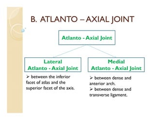 B. ATLANTO – AXIAL JOINT
Atlanto - Axial Joint
Medial
Atlanto - Axial Joint
Lateral
Atlanto - Axial Joint
 between the inferior
facet of atlas and the
superior facet of the axis.
 between dense and
anterior arch.
 between dense and
transverse ligament.
 