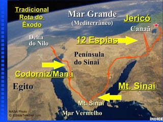 Exodus Major Events Map ÍNDICE Egito Delta do Nilo Mar Grande (Mediterrâneo) Mar Vermelho Península do Sinai Canaã Tradicional Rota do  Êxodo NASA Photo ©  EBibleTeacher.com  Codorniz/Maná Mt. Sinai 12 Espias Jericó Mt. Sinai 