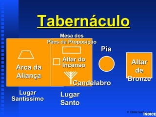 Tabernáculo
                                             Tabernacle Schematics 3




                 Mesa dos
             Pães da Proposição
                                  Pia
                  Altar do               Altar
 Arca da          Incenso
                                          de
 Aliança                                Bronze
                      Candelabro
  Lugar          Lugar
Santíssimo
                 Santo
                                        © EBibleTeacher.com
                                                                       ÍNDICE
 