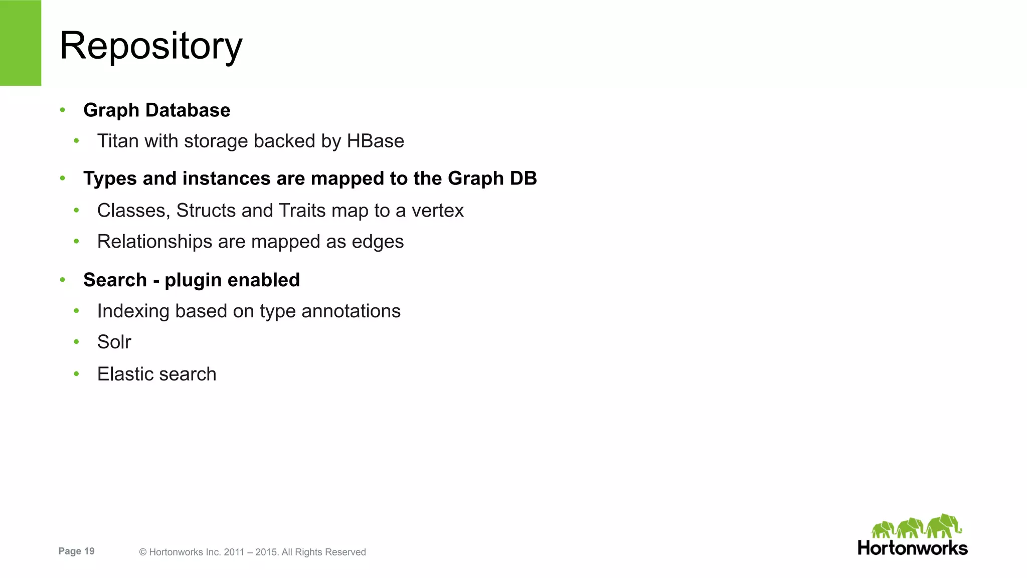 Page 19 © Hortonworks Inc. 2011 – 2015. All Rights Reserved
Repository
•  Graph Database
•  Titan with storage backed by HBase
•  Types and instances are mapped to the Graph DB
•  Classes, Structs and Traits map to a vertex
•  Relationships are mapped as edges
•  Search - plugin enabled
•  Indexing based on type annotations
•  Solr
•  Elastic search
 