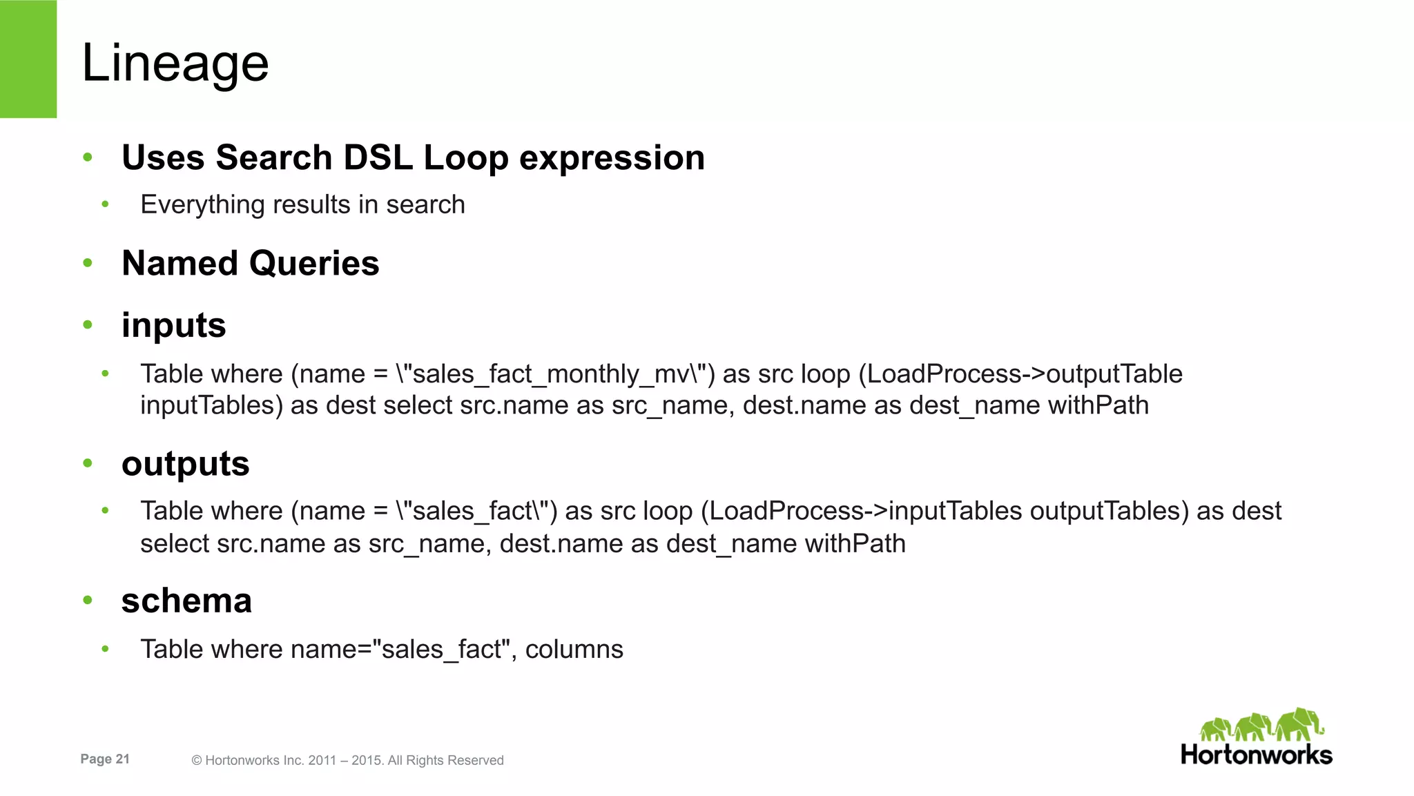 Page 21 © Hortonworks Inc. 2011 – 2015. All Rights Reserved
Lineage
•  Uses Search DSL Loop expression
•  Everything results in search
•  Named Queries
•  inputs
•  Table where (name = "sales_fact_monthly_mv") as src loop (LoadProcess->outputTable
inputTables) as dest select src.name as src_name, dest.name as dest_name withPath
•  outputs
•  Table where (name = "sales_fact") as src loop (LoadProcess->inputTables outputTables) as dest
select src.name as src_name, dest.name as dest_name withPath
•  schema
•  Table where name="sales_fact", columns
 