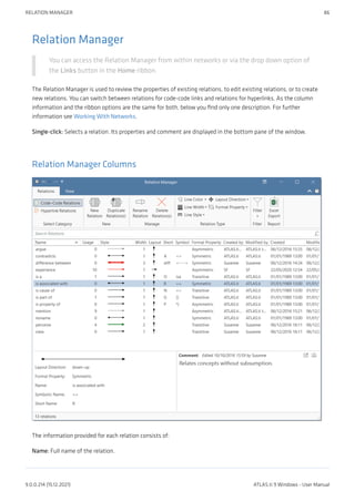 Relation Manager
You can access the Relation Manager from within networks or via the drop down option of
the Links button in the Home ribbon.
The Relation Manager is used to review the properties of existing relations, to edit existing relations, or to create
new relations. You can switch between relations for code-code links and relations for hyperlinks. As the column
information and the ribbon options are the same for both, below you find only one description. For further
information see Working With Networks.
Single-click: Selects a relation. Its properties and comment are displayed in the bottom pane of the window.
Relation Manager Columns
The information provided for each relation consists of:
Name: Full name of the relation.
RELATION MANAGER 86
9.0.0.214 (15.12.2021) ATLAS.ti 9 Windows - User Manual
 