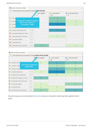 Document groups can also be added to Networks and you can show which codes have been applied to which
group.
WORKING WITH GROUPS 146
9.0.0.214 (15.12.2021) ATLAS.ti 9 Windows - User Manual
 