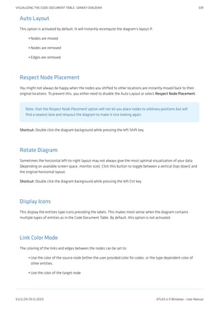 Auto Layout
This option is activated by default. It will instantly recompute the diagram’s layout if:
Nodes are moved
Nodes are removed
Edges are removed
Respect Node Placement
You might not always be happy when the nodes you shifted to other locations are instantly moved back to their
original locations. To prevent this, you either need to disable the Auto Layout or select Respect Node Placement.
Note, that the Respect Node Placement option will not let you place nodes to arbitrary positions but will
find a nearest lane and relayout the diagram to make it nice looking again.
Shortcut: Double click the diagram background while pressing the left Shift key.
Rotate Diagram
Sometimes the horizontal left-to-right layout may not always give the most optimal visualization of your data
(depending on available screen space, monitor size). Click this button to toggle between a vertical (top-down) and
the original horizontal layout.
Shortcut: Double click the diagram background while pressing the left Ctrl key.
Display Icons
This display the entities type icons preceding the labels. This makes most sense when the diagram contains
multiple types of entities as in the Code Document Table. By default, this option is not activated.
Link Color Mode
The coloring of the links and edges between the nodes can be set to:
Use the color of the source node (either the user provided color for codes, or the type dependent color of
other entities.
Use the color of the target node
•
•
•
•
•
VISUALIZING THE CODE-DOCUMENT TABLE: SANKEY DIAGRAM 339
9.0.0.214 (15.12.2021) ATLAS.ti 9 Windows - User Manual
 