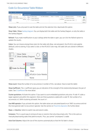 Code Co-Occurrence Table Ribbon
Show Lists: If you only want to see the table and not the selection lists, deactivate this option.
Show Table / Show Sankey diagram: You can display both the table and the Sankey Diagram, or only the table or
the Sankey diagram.
Refresh: If you make modifications to your codings while the table is open, you can click the Refresh option to
update the results.
Colors: You can choose among three colors for the table cells (blue, red and green), the ATLAS.ti color palette
(default), and no coloring. If you select a color, or the ATLAS.ti color map, the table cells are colored in different
shades.
Show count: Show the number of co-occurrences (=number of hits, see above: How to read the table).
Show Coefficient: The c-coefficient gives you an indication of the strength of the relationship between the pair of
codes. See C-Coefficient for more detail.
Cluster quotations: Activate this option, if you want to count embedded quotations only once. If code 'A' codes a
larger segment and within this segment, there are three quotations coded with a code 'B', the number of co-
occurrences is 3. With clustering activated, the count is 1.
Use AND operator: If you activate this option, the table values are calculated based on an 'AND' occurrence and not
the more general code 'co-occurrence' operator. See the section on Proximity Operators for further detail.
Rows => Columns: Select to switch row and column codes.
Compress: This is a quick way to remove all rows or columns that only show empty cells. This is the same as
manually deactivating codes that yield no results. Thus, you cannot "uncompress" a table.
Auto Size Columns: Adjust the size of the columns automatically so that the full label is shown.
THE CODE CO-OCCURRENCE TABLE 346
9.0.0.214 (15.12.2021) ATLAS.ti 9 Windows - User Manual
 