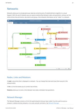 Networks
Networks allow you to conceptualize your data by connecting sets of related elements together in a visual
diagram. With the aid of networks you can express relationships between codes and quotations; and you can link
other entities like and memos, documents and groups. Also networks themselves can be "nodes" in a network.
Nodes, Links and Relations
A node is any entity that is displayed in a network . You can change their look and move them around in the
network editor.
A link is a line that allows you to connect two entities.
Relations allow you to name a links between two codes or between two quotations.
Network Manager
The Network Manager contains a list of all saved networks that you have crated. It can be used to access a
network, to delete existing networks, or to write and edit comments. See Network Manager.
NETWORKS 24
9.0.0.214 (15.12.2021) ATLAS.ti 9 Windows - User Manual
 