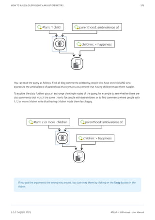 You can read the query as follows: Find all blog comments written by people who have one child AND who
expressed the ambivalence of parenthood that contain a statement that having children made them happier.
To explore the data further, you can exchange the single nodes of the query, for example to see whether there are
also comments that match the same criteria for people with two children; or to find comments where people with
1 / 2 or more children write that having children made them less happy.
If you got the arguments the wrong way around, you can swap them by clicking on the Swap button in the
ribbon.
HOW TO BUILD A QUERY USING A MIX OF OPERATORS 370
9.0.0.214 (15.12.2021) ATLAS.ti 9 Windows - User Manual
 