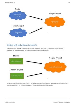 Entities with and without Comments
If there is a code C in the Master project that has no comment, and a code C in the Import project that has a
comment, the merged procedure will add this comment to the merged project.
In the case of an unsolvable conflict - code C in the Master project has a comment, and code C in the Import project
also has a comment - the user can define which of the two conflicting entities will win.
MERGING PROJECTS 442
9.0.0.214 (15.12.2021) ATLAS.ti 9 Windows - User Manual
 