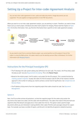 Setting Up a Project for Inter-coder Agreement Analysis
You can test inter-coder agreement in text, audio and video documents. Image documents are not
supported. This also applies to image quotations in text PDF documents.
When you want to run an inter-coder agreement analysis, you are working in a team. Therefore, you need to know
how to set up a team project, distribute and collect team projects for merging. Please read the chapter on Team
Work for further information. Here, you find the information that is specific to inter-coder agreement analysis
only.
As you need to start from a common Master project, you cannot perform an ICA analysis if one of the
coders is using the Web version. All coders need to use the desktop version (Mac or Windows). For further
information see Merging Projects.
Instructions for the Principal Investigator (PI)
The PI develops the code system adding clear definitions for each code. This means, the PI has likely coded
the data as well. See also Requirements for Coding. This is the Master Project.
Based on the master project, the PI creates a sub-project for the ICA analysis. This is easiest be done by
creating a project snapshot. Usually, the coders for the ICA analysis code 10-20% of the material. Another
approach is the number of codings you need to achieve a certain level of significance. See Sample Size and
Decision Rules.
The PI deletes all documents from the snapshot project that coders should not code. See Document
Management.
Option A
Next, the PI can either remove all quotations, so that the snapshot project for the coders only contain the
documents that need to be coded, and the codes with the definitions. The coders then need to find and mark text
segments they find relevant and apply one or more codes from the list. This option is best used for longer
documents where you are interested in seeing whether other coders find the same passages relevant for a given
topic. For example, you have a number of reports, and the aim is to identify all segments related to business
•
•
•
SETTING UP A PROJECT FOR INTER-CODER AGREEMENT ANALYSIS 469
9.0.0.214 (15.12.2021) ATLAS.ti 9 Windows - User Manual
 