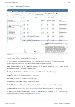Document Manager Columns
The information provided for each document consists of:
ID: The first column shows the blue document icon, and the document number. The document number is a
consecutive number given to the document by ATLAS.ti when it is added to a project.
Name: The default name is the file name of the original source file that you added to the ATLAS.ti project. You can
rename each document if you prefer a different name.
Media Type: This field indicates the document format: text, PDF, image, audio, video, or geo.
Groups: This column lists all groups a document belongs to.
Quotations: The number of quotations a document has.
Created By: The name of the user who added the document.
Modified By: The name of the user modifying a document, either by writing a comment or by editing it.
Created / Modified: Date and time when a document was created (=added to the project) and modified.
Location: Here you see whether a document is stored in the ATLAS.ti library or whether ATLAS.ti opens it from a
linked location. For further information see Adding Documents.
THE DOCUMENT MANAGER 63
9.0.0.214 (15.12.2021) ATLAS.ti 9 Windows - User Manual
 