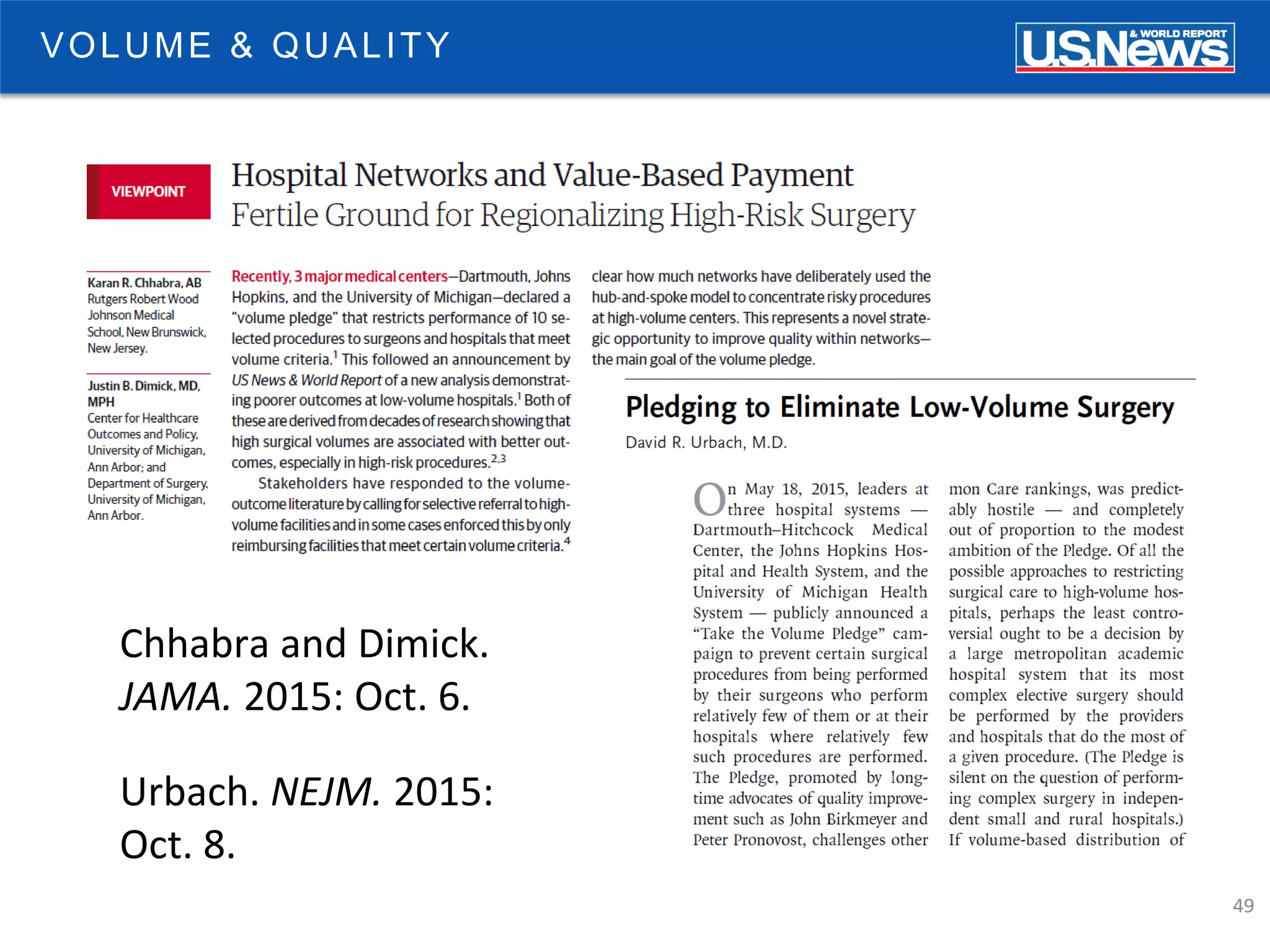 49
Chhabra and Dimick.
JAMA. 2015: Oct. 6.
Urbach. NEJM. 2015:
Oct. 8.
VOLUME & QUALITY
 