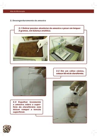 Atlas de Microscopia




     2. Desengorduramento da amostra


                2.1 Retirar porções aleatórias da amostra e pesar em béquer
                2 gramas, em balança analítica.




                                                   2.2 Em um cálice cônico,
                                                   colocar 60 ml de clorofórmio.




        2.3 Espalhar levemente
        a amostra sobre a super-
        fície do clorofórmio sem
        deixar romper a tensão
        superficial.




40
 