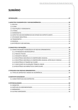 Atlas de Rochas Ornamentais do Estado do Espírito Santo
15
SUMÁRIO
INTRODUÇÃO......................................................................................................................................17
1 ASPECTOS FISIOGRÁFICOS E SOCIOECONÔMICOS.........................................................................19
	 1.1 Relevo.............................................................................................................................................21
	 1.2 Clima................................................................................................................................................22
	 1.3 Vegetação e hidrografia..........................................................................................................22
	 1.4 Litoral.............................................................................................................................................22
	 1.5 Demografia...................................................................................................................................23
	 1.6 Aspectos Socioeconômicos do Estado do Espírito Santo.............................................23
	 1.7 Atividade Industrial...................................................................................................................23
	 1.8 Transportes..................................................................................................................................23
	 1.9 Energia...........................................................................................................................................24
	 1.10 Petróleo e Gás Natural...........................................................................................................24
2 CONCEITOS E DEFINIÇÕES...............................................................................................................25
	 2.1 Caracterização Tecnológica de Rochas Ornamentais..................................................28
		 2.1.1 Petrografia Microscópica..............................................................................................28
		 2.1.2 Índices Físicos......................................................................................................................29
		 2.1.3 Desgaste Amsler..................................................................................................................29
		 2.1.4 Resistência Mecânica à Compressão Uniaxial...........................................................29
		 2.1.5 Resistência Mecânica à Compressão Uniaxial após Gelo e Degelo....................29
		 2.1.6 Resistência à Tração na Flexão......................................................................................29
		 2.1.7 Coeficiente de Dilatação Térmica Linear....................................................................29
		 2.1.8 Resistência ao Impacto de Corpo Duro.......................................................................29
3 TIPOLOGIA DAS ROCHAS ORNAMENTAIS.......................................................................................31
	 3.1 Tipos de depósitos e modo de ocorrência..........................................................................33
4 CONTEXTO GEOLÓGICO...................................................................................................................35
	 4.1 Características dos Depósitos...............................................................................................41
5 POTENCIALIDADES...........................................................................................................................43
	 5.1 Granitos.........................................................................................................................................45
	 5.2 Exóticos ou Movimentados.....................................................................................................47
	 5.3 Mármores......................................................................................................................................49
	 5.4 OUTRaS variedades......................................................................................................................50
 