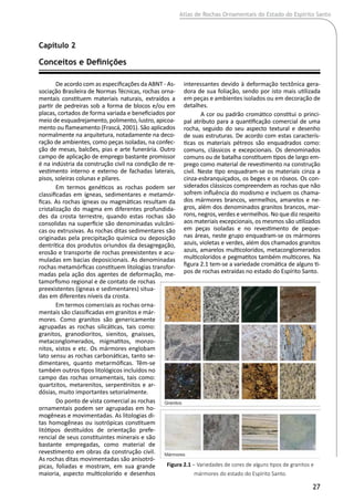 Atlas de Rochas Ornamentais do Estado do Espírito Santo
27
De acordo com as especificações da ABNT - As-
sociação Brasileira de Normas Técnicas, rochas orna-
mentais constituem materiais naturais, extraídos a
partir de pedreiras sob a forma de blocos e/ou em
placas, cortados de forma variada e beneficiados por
meio de esquadrejamento, polimento, lustro, apicoa-
mento ou flameamento (Frascá, 2001). São aplicados
normalmente na arquitetura, notadamente na deco-
ração de ambientes, como peças isoladas, na confec-
ção de mesas, balcões, pias e arte funerária. Outro
campo de aplicação de emprego bastante promissor
é na indústria da construção civil na condição de re-
vestimento interno e externo de fachadas laterais,
pisos, soleiras colunas e pilares.
Em termos genéticos as rochas podem ser
classificadas em ígneas, sedimentares e metamór-
ficas. As rochas ígneas ou magmáticas resultam da
cristalização do magma em diferentes profundida-
des da crosta terrestre, quando estas rochas são
consolidas na superfície são denominadas vulcâni-
cas ou extrusivas. As rochas ditas sedimentares são
originadas pela precipitação química ou deposição
dentrítica dos produtos oriundos da desagregação,
erosão e transporte de rochas preexistentes e acu-
muladas em bacias deposicionais. As denominadas
rochas metamórficas constituem litologias transfor-
madas pela ação dos agentes de deformação, me-
tamorfismo regional e de contato de rochas
preexistentes (ígneas e sedimentares) situa-
das em diferentes níveis da crosta.
Em termos comerciais as rochas orna-
mentais são classificadas em granitos e már-
mores. Como granitos são genericamente
agrupadas as rochas silicáticas, tais como:
granitos, granodioritos, sienitos, gnaisses,
metaconglomerados, migmatitos, monzo-
nitos, xistos e etc. Os mármores englobam
lato sensu as rochas carbonáticas, tanto se-
dimentares, quanto metarmóficas. Têm-se
também outros tipos litológicos incluídos no
campo das rochas ornamentais, tais como:
quartzitos, metarenitos, serpentinitos e ar-
dósias, muito importantes setorialmente.
Do ponto de vista comercial as rochas
ornamentais podem ser agrupadas em ho-
mogêneas e movimentadas. As litologias di-
tas homogêneas ou isotrópicas constituem
litótipos destituídos de orientação prefe-
rencial de seus constituintes minerais e são
bastante empregadas, como material de
revestimento em obras da construção civil.
As rochas ditas movimentadas são anisotró-
picas, foliadas e mostram, em sua grande
maioria, aspecto multicolorido e desenhos
interessantes devido à deformação tectônica gera-
dora de sua foliação, sendo por isto mais utilizada
em peças e ambientes isolados ou em decoração de
detalhes.
A cor ou padrão cromático constitui o princi-
pal atributo para a quantificação comercial de uma
rocha, seguido do seu aspecto textural e desenho
de suas estruturas. De acordo com estas caracterís-
ticas os materiais pétreos são enquadrados como:
comuns, clássicos e excepcionais. Os denominados
comuns ou de batalha constituem tipos de largo em-
prego como material de revestimento na construção
civil. Neste tipo enquadram-se os materiais cinza a
cinza-esbranquiçados, os beges e os róseos. Os con-
siderados clássicos compreendem as rochas que não
sofrem influência do modismo e incluem os chama-
dos mármores brancos, vermelhos, amarelos e ne-
gros, além dos denominados granitos brancos, mar-
rons, negros, verdes e vermelhos. No que diz respeito
aos materiais excepcionais, os mesmos são utilizados
em peças isoladas e no revestimento de peque-
nas áreas, neste grupo enquadram-se os mármores
azuis, violetas e verdes, além dos chamados granitos
azuis, amarelos multicoloridos, metaconglomerados
multicoloridos e pegmatitos também multicores. Na
figura 2.1 tem-se a variedade cromática de alguns ti-
pos de rochas extraídas no estado do Espírito Santo.
Conceitos e Definições	
Figura 2.1 – Variedades de cores de alguns tipos de granitos e
mármores do estado do Espírito Santo.
Capítulo 2
 