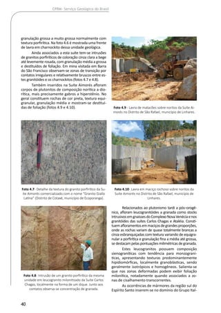 40
CPRM- Serviço Geológico do Brasil
granulação grossa a muito grossa normalmente com
textura porfirítica. Na foto 4.6 é mostrada uma frente
de lavra em charnockito dessa unidade geológica.
Ainda associados a esta suíte tem-se intrusões
de granitos porfiríticos de coloração cinza clara a bege
até levemente rosada, com granulação média a grossa
e destituídos de foliação. Em mina visitada em Barra
do São Francisco observam-se zonas de transição por
contatos irregulares e relativamente bruscos entre es-
tes granitóides e os charnockitos (fotos 4.7 e 4.8).
Também inseridos na Suíte Aimorés afloram
corpos de plutonitos de composição norítica a dio-
rítica, mais precisamente gabros a hiperstênio. No
geral constituem rochas de cor preta, textura equi-
granular, granulação média e mostram-se destituí-
das de foliação (fotos 4.9 e 4.10).
Relacionados ao plutonismo tardi a pós‒orogê-
nico, afloram leucogranitóides a granada como stocks
intrusivosemgnaissesdoComplexoNovaVenéciaenos
granitóides das suítes Carlos Chagas e Ataléia. Consti-
tuemafloramentosemmaciçosdegrandesproporções,
onde as rochas variam de quase totalmente brancas a
cinza esbranquiçadas com textura variando de equigra-
nular a porfirítica e granulação fina a média até grossa,
sedestacampelaspontuaçõesmilimétricasdegranada.
Estes leucogranitos possuem composição
sienograníticas com tendência para monzograní-
ticas, apresentando texturas predominantemente
hipidiomórficas, localmente granoblásticas, sendo
geralmente isotrópicos e homogêneos. Salienta-se
que nas zonas deformadas podem exibir foliação
milonítica, notadamente quando associados a zo-
nas de cisalhamento transcorrentes.
As ocorrências de mármores da região sul do
Espírito Santo inserem-se no domínio do Grupo Ital-
Foto 4.7- Detalhe da textura do granito porfirítico da Su-
íte Aimorés comercializado com o nome “Granito Giallo
Latina” (Distrito de Cotaxé, município de Ecoporanga).
Foto 4.8- Intrusão de um granito porfirítico da mesma
unidade em leucogranito milonitizado da Suíte Carlos
Chagas, localmente na forma de um dique. Junto aos
contatos observa-se concentração de granada.
Foto 4.9 - Lavra de matacões sobre noritos da Suíte Ai-
morés no Distrito de São Rafael, município de Linhares.
Foto 4.10- Lavra em maciço rochoso sobre noritos da
Suíte Aimorés no Distrito de São Rafael, município de
Linhares.
 