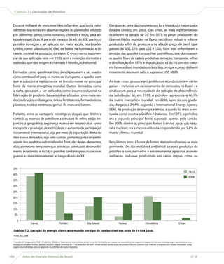 Capítulo 7 | Derivados de Petróleo



  Durante milhares de anos, esse óleo inflamável que brota natu-                                           Das guerras, uma das mais recentes foi a invasão do Iraque pelos
  ralmente das rochas em algumas regiões do planeta foi utilizado                                          Estados Unidos, em 20031. Das crises, as mais representativas
  por diferentes povos, como romanos, chineses e incas, para ati-                                          ocorreram na década de 70. Em 1973, os países produtores do
  vidades específicas. A partir de meados do século XIX, porém, o                                          Oriente Médio, reunidos na Opep, decidiram reduzir o volume
  petróleo começou a ser aplicado em maior escala, nos Estados                                             produzido a fim de provocar uma alta do preço do barril (que
  Unidos, como substituto do óleo de baleia na iluminação e do                                             passou de US$ 2,70 para US$ 11,20). Com isso, enfrentaram a
  carvão mineral na produção do vapor. O crescimento exponen-                                              pressão das grandes companhias petrolíferas, que dominavam
  cial de sua aplicação veio em 1930, com a invenção do motor a                                            as quatro fases da cadeia produtiva: extração, transporte, refino
  explosão, que deu origem à chamada II Revolução Industrial.                                              e distribuição. Em 1979, a deposição do xá do Irã, um dos maio-
                                                                                                           res fornecedores mundiais do óleo, fez com que o preço do barril
  Derivados como gasolina e óleo diesel passaram a ser usados                                              novamente desse um salto e superasse US$ 40,00.
  como combustível para os meios de transporte, o que fez com
  que a substância rapidamente se transformasse na principal                                               As duas crises provocaram problemas econômicos em vários
  fonte da matriz energética mundial. Outros derivados, como                                               países – inclusive um racionamento de derivados no Brasil – e
  a nafta, passaram a ser aplicados como insumo industrial na                                              sinalizaram para a necessidade de redução da dependência
  fabricação de produtos bastante diversificados como materiais                                            da substância. Se, em 1973, o petróleo representava 46,1%
  de construção, embalagens, tintas, fertilizantes, farmacêuticos,                                         da matriz energética mundial, em 2006, após recuos gradu-
  plásticos, tecidos sintéticos, gomas de mascar e batons.                                                 ais, chegava a 34,4%, segundo a International Energy Agency
                                                                                                           (IEA). Na produção de energia elétrica, a queda foi mais acen-
  Portanto, entre as vantagens estratégicas do país que detém e                                            tuada, como mostra o Gráfico 7.2 abaixo. Em 1973, o petróleo
  controla as reservas de petróleo e a estrutura de refino estão: im-                                      era a segunda principal fonte, superada apenas pelo carvão.
  portância geopolítica; segurança interna em setores vitais como                                          Em 2006, dentre as principais fontes (carvão, água, gás natu-
  transporte e produção de eletricidade; e aumento da participação                                         ral e nuclear) era a menos utilizada, respondendo por 5,8% da
  no comércio internacional, seja por meio da exportação direta do                                         matriz elétrica mundial.
  óleo e seus derivados, seja pelo custo e, portanto, pela competiti-
  vidade dos produtos industrializados. Em razão destes elementos,                                         Nos últimos anos, a busca de fontes alternativas tornou-se mais
  aliás, ao mesmo tempo em que provocou acentuado desenvolvi-                                              premente. Um dos motivos é ambiental: a cadeia produtiva do
  mento econômico e social, o petróleo também gerou sucessivas                                             petróleo e seus derivados é extremamente agressiva ao meio
  guerras e crises internacionais ao longo do século XX.                                                   ambiente, inclusive produzindo em várias etapas, como na


  45%
                                                                                                                                                                                                 1973
  40%
                                                                                                                                                                                                 2006
  35%

  30%

  25%

  20%

  15%

  10%

      5%

       0
                      Carvão                        Petróleo                      Gás Natural                        Nuclear                      Hidroelétrica                       Outras

  Gráfico 7.2. Geração de energia elétrica no mundo por tipo de combustível nos anos de 1973 e 2006.
  Fonte: IEA, 2008.

  1 Invasão do Iraque pelos EUA - O objetivo oficial era lutar contra o terrorismo, achar armas de destruição em massa que possivelmente o governo iraquiano teria em estoque, o que representava uma
  ameaça aos Estados Unidos, abalado desde o ataque terrorista de 11 de setembro de 2001. O real motivo ainda causa discussões. Há uma corrente que defende a resposta aos citados atentados, outra
  sugere uma estratégia para se apoderar do petróleo da nação iraquiana.



108         Atlas de Energia Elétrica do Brasil
 