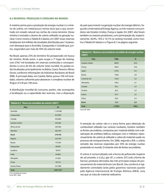 Capítulo 8 | Energia Nuclear



  8.2 RESERVAS, PRODUÇÃO E CONSUMO NO MUNDO

  A matéria-prima para a produção da energia nuclear é o miné-        do país para investir na geração nuclear de energia elétrica. Se-
  rio de urânio, um metal pouco menos duro que o aço, encon-          gundo a International Energy Agency, os três maiores consumi-
  trado em estado natural nas rochas da crosta terrestre. Desse       dores são Estados Unidos, França e Japão. Em 2007, eles foram
  minério é extraído o átomo de urânio utilizado na geração nu-       também os maiores produtores, com participação de, respecti-
  clear. Como mostra a Tabela 8.3 abaixo, em 2007 essas reservas      vamente, 30,9%, 16% e 10,1% no ranking mundial, como mos-
  totalizaram 4,6 milhões de toneladas distribuídas por 14 países,    tra a Tabela 8.4 abaixo e a Figura 8.1 na página seguinte.
  com destaque para a Austrália, Cazaquistão e Canadá que, jun-
  tos, respondem por mais de 50% do volume total.
                                                                        Tabela 8.4 - Maiores consumidores mundiais de energia nuclear
  No Brasil, apenas 25% do território foi prospectado em busca          (2007)
  do minério. Ainda assim, o país ocupa o 7o lugar do ranking,                           País           TWh                  %
  com 278,7 mil toneladas em reservas conhecidas e correspon-           Estados Unidos                  848,9               30,9
  dentes a cerca de 6% do volume total mundial. As jazidas es-          França                          440,4               16,0
  tão localizadas principalmente na Bahia, Ceará, Paraná e Minas
                                                                        Japão                           279,0               10,1
  Gerais, conforme informações da Indústrias Nucleares do Brasil
                                                                        Rússia                          159,8                5,8
  (INB). A principal delas, em Caetité, Bahia, possui 100 mil tone-
                                                                        Coréia do Sul                   142,9                5,2
  ladas, volume suficiente para abastecer o complexo nuclear de
  Angra I, II e III por 100 anos.                                       Alemanha                        140,5                5,1

                                                                        Canadá                           93,3                3,4
  A distribuição mundial do consumo, porém, não acompanha               Ucrânia                          92,5                3,4
  a localização ou a capacidade das reservas, mas a disposição          Suécia                           67,4                2,5

                                                                        China                            62,9                2,3

      Tabela 8.3 - Reservas mundiais de urânio (2007)*                  Brasil                           12,4                0,4

                                                                        Total                          2.748,9              100,0
                         País                            tU
                                                                      Fonte: BP, 2008.
      Austrália                                       1.143.000

      Cazaquistão                                     816.099

      Canadá                                          443.800

      Estados Unidos                                  342.000         A extração do urânio não é a única forma para obtenção do
      África do Sul                                   340.596         combustível utilizado nas centrais nucleares. Existem também
      Namíbia                                         282.359         as fontes secundárias, compostas por: material obtido com a de-
      Brasil                                          278.700         sativação de artefatos bélicos; estoques civis e militares; repro-
      Nigéria                                         225.459
                                                                      cessamento do urânio já utilizado e sobra do material usado no
                                                                      processo de enriquecimento. Em 2006, segundo a IEA, o urânio
      Rússia                                          172.402
                                                                      extraído das reservas respondeu por 54% da energia nuclear
      Ubequistão                                       89.836
                                                                      produzida no mundo. O restante veio de fontes secundárias.
      Jordânia                                         78.975

      Índia                                            64.840         O urânio é comercializado sob a forma de yellowcake (espécie
      Mongólia                                         61.950         de sal amarelo, o U3O8), gás UF6 e urânio 235 (sob a forma de
      China                                            59.723
                                                                      barras), produtos derivados das três principais etapas de pro-
                                                                      cessamento do material bruto (ver Box 8). Seu comércio é rigi-
      Outros Países                                   227.588
                                                                      damente controlado tanto pelos governos nacionais quanto
      Total                                           4.627.327
                                                                      pela Agência Internacional de Energia Atômica (AIEA), uma
  (*) tU: toneladas de urânio.
  Fonte: WEC, 2008.                                                   vez que se trata de material radioativo.



122             Atlas de Energia Elétrica do Brasil
 
