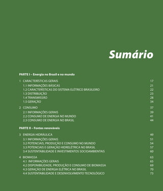 Sumário
PARTE I – Energia no Brasil e no mundo

1	 CARACTERÍSTICAS GERAIS                                      17
   1.1 INFORMAÇÕES BÁSICAS                                     21
   1.2 CARACTERÍSTICAS DO SISTEMA ELÉTRICO BRASILEIRO	         22
   1.3 DISTRIBUIÇÃO	                                           23
   1.4 TRANSMISSÃO	                                            28
   1.5 GERAÇÃO	                                                34
2	 CONSUMO                                                     37
   2.1 INFORMAÇÕES GERAIS	                                     39
   2.2 CONSUMO DE ENERGIA NO MUNDO                             41
   2.3 CONSUMO DE ENERGIA NO BRASIL	                           44

PARTE II – Fontes renováveis

3	 ENERGIA HIDRÁULICA                                          49
   3.1 INFORMAÇÕES GERAIS	                                     51
   3.2 POTENCIAIS, PRODUÇÃO E CONSUMO NO MUNDO	                54
   3.3 POTENCIAIS E GERAÇÃO HIDRELÉTRICA NO BRASIL	            57
   3.4 SUSTENTABILIDADE E INVESTIMENTOS SOCIOAMBIENTAIS	       60
4	 BIOMASSA                                                    63
   4.1 INFORMAÇÕES GERAIS	                                     65
   4.2 DISPONIBILIDADE, PRODUÇÃO E CONSUMO DE BIOMASSA	        69
   4.3 GERAÇÃO DE ENERGIA ELÉTRICA NO BRASIL	                  70
   4.4 SUSTENTABILIDADE E DESENVOLVIMENTO TECNOLÓGICO          73
 