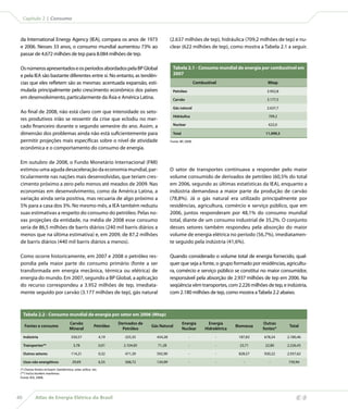 Capítulo 2 | Consumo



 da International Energy Agency (IEA), compara os anos de 1973                                (2.637 milhões de tep), hidráulica (709,2 milhões de tep) e nu-
 e 2006. Nesses 33 anos, o consumo mundial aumentou 73% ao                                    clear (622 milhões de tep), como mostra a Tabela 2.1 a seguir.
 passar de 4.672 milhões de tep para 8.084 milhões de tep.

 Os números apresentados e os períodos abordados pela BP Global                                 Tabela 2.1 - Consumo mundial de energia por combustível em
 e pela IEA são bastante diferentes entre si. No entanto, as tendên-                            2007
 cias que eles refletem são as mesmas: acentuada expansão, esti-                                                 Combustível                      Mtep
 mulada principalmente pelo crescimento econômico dos países                                    Petróleo                                          3.952,8
 em desenvolvimento, particularmente da Ásia e América Latina.                                  Carvão                                            3.177,5

                                                                                                Gás natural                                       2.637,7
 Ao final de 2008, não está claro com que intensidade os seto-
                                                                                                Hidráulica                                        709,2
 res produtivos irião se ressentir da crise que eclodiu no mer-
 cado financeiro durante o segundo semestre do ano. Assim, a                                    Nuclear                                           622,0

 dimensão dos problemas ainda não está suficientemente para                                     Total                                            11.099,3
 permitir projeções mais específicas sobre o nível de atividade                               Fonte: BP, 2008.

 econômica e o comportamento do consumo de energia.

 Em outubro de 2008, o Fundo Monetário Internacional (FMI)
 estimou uma aguda desaceleração da economia mundial, par-                                    O setor de transportes continuava a responder pelo maior
 ticularmente nas nações mais desenvolvidas, que teriam cres-                                 volume consumido de derivados de petróleo (60,5% do total
 cimento próximo a zero pelo menos até meados de 2009. Nas                                    em 2006, segundo as últimas estatísticas da IEA), enquanto a
 economias em desenvolvimento, como da América Latina, a                                      indústria demandava a maior parte da produção de carvão
 variação ainda seria positiva, mas recuaria de algo próximo a                                (78,8%). Já o gás natural era utilizado principalmente por
 5% para a casa dos 3%. No mesmo mês, a IEA também reduziu                                    residências, agricultura, comércio e serviço público, que em
 suas estimativas a respeito do consumo do petróleo. Pelas no-                                2006, juntos responderam por 48,1% do consumo mundial
 vas projeções da entidade, na média de 2008 esse consumo                                     total, diante de um consumo industrial de 35,2%. O conjunto
 seria de 86,5 milhões de barris diários (240 mil barris diários a                            desses setores também respondeu pela absorção do maior
 menos que na última estimativa) e, em 2009, de 87,2 milhões                                  volume de energia elétrica no período (56,7%), imediatamen-
 de barris diários (440 mil barris diários a menos).                                          te seguido pela indústria (41,6%).

 Como ocorre historicamente, em 2007 e 2008 o petróleo res-                                   Quando considerado o volume total de energia fornecido, qual-
 pondia pela maior parte do consumo primário (fonte a ser                                     quer que seja a fonte, o grupo formado por residências, agricultu-
 transformada em energia mecânica, térmica ou elétrica) de                                    ra, comércio e serviço público se constitui no maior consumidor,
 energia do mundo. Em 2007, segundo a BP Global, a aplicação                                  responsável pela absorção de 2.937 milhões de tep em 2006. Na
 do recurso correspondeu a 3.952 milhões de tep, imediata-                                    seqüência vêm transportes, com 2.226 milhões de tep, e indústria,
 mente seguido por carvão (3.177 milhões de tep), gás natural                                 com 2.180 milhões de tep, como mostra a Tabela 2.2 abaixo.



     Tabela 2.2 - Consumo mundial de energia por setor em 2006 (Mtep)
                                     Carvão                         Derivados de                        Energia         Energia                 Outras
     Fontes e consumo                                  Petróleo                    Gás Natural                                       Biomassa                Total
                                     Mineral                          Petróleo                          Nuclear       Hidrelétrica              fontes*
     Indústria                        550,57                 4,19      325,35        434,28                -               -          187,83    678,24      2.180,46

     Transportes**                      3,78                 0,01     2.104,85        71,28                -               -           23,71     22,80      2.226,43

     Outros setores                   114,21                 0,32      471,39        592,90                -               -          828,57    930,22      2.937,62

     Usos não energéticos              29,69                 6,55      568,72        134,99                -               -             -         -        739,94
 (*) Outras fontes incluem: Geotérmica, solar, eólica etc.
 (**) Inclui bunkers marítmos.
 Fonte: IEA, 2008.




40          Atlas de Energia Elétrica do Brasil
 