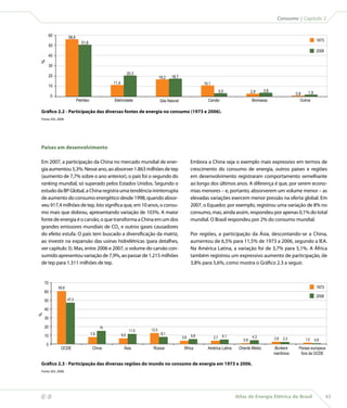 Consumo | Capítulo 2


         60                 56,6
                                                                                                                                                                                     1973
                                      51,8
         50
                                                                                                                                                                                     2006
         40
    %




         30
                                                                      20,3
         20                                                                          18,2   18,7
                                                         11,4                                                  10,1
         10
                                                                                                                            3,5              2,9     3,8                      1,9
                                                                                                                                                                       0,8
             0
                                   Petróleo              Eletricidade                Gás Natural                 Carvão                      Biomassa                    Outros

    Gráfico 2.2 - Participação das diversas fontes de energia no consumo (1973 e 2006).
    Fonte: IEA, 2008.




    Países em desenvolvimento

    Em 2007, a participação da China no mercado mundial de ener-                                         Embora a China seja o exemplo mais expressivo em termos de
    gia aumentou 5,3%. Nesse ano, ao absorver 1.863 milhões de tep                                       crescimento do consumo de energia, outros países e regiões
    (aumento de 7,7% sobre o ano anterior), o país foi o segundo do                                      em desenvolvimento registraram comportamento semelhante
    ranking mundial, só superado pelos Estados Unidos. Segundo o                                         ao longo dos últimos anos. A diferença é que, por serem econo-
    estudo da BP Global, a China registra uma tendência ininterrupta                                     mias menores – e, portanto, absorverem um volume menor – as
    de aumento do consumo energético desde 1998, quando absor-                                           elevadas variações exercem menor pressão na oferta global. Em
    veu 917,4 milhões de tep. Isto significa que, em 10 anos, o consu-                                   2007, o Equador, por exemplo, registrou uma variação de 8% no
    mo mais que dobrou, apresentando variação de 103%. A maior                                           consumo, mas, ainda assim, respondeu por apenas 0,1% do total
    fonte de energia é o carvão, o que transforma a China em um dos                                      mundial. O Brasil respondeu por 2% do consumo mundial.
    grandes emissores mundiais de CO2 e outros gases causadores
    do efeito estufa. O país tem buscado a diversificação da matriz,                                     Por regiões, a participação da Ásia, descontando-se a China,
    ao investir na expansão das usinas hidrelétricas (para detalhes,                                     aumentou de 6,5% para 11,5% de 1973 a 2006, segundo a IEA.
    ver capítulo 3). Mas, entre 2006 e 2007, o volume do carvão con-                                     Na América Latina, a variação foi de 3,7% para 5,1%. A África
    sumido apresentou variação de 7,9%, ao passar de 1.215 milhões                                       também registrou um expressivo aumento de participação, de
    de tep para 1.311 milhões de tep.                                                                    3,8% para 5,6%, como mostra o Gráfico 2.3 a seguir.


        70
                 60,6                                                                                                                                                                1973
        60
                                                                                                                                                                                     2006
        50                  47,3

        40
    %




        30

        20                                          15
                                                                       11,5   12,5
                                              7,9               6,5                   8,1
        10                                                                                         3,8   5,6          3,7     5,1             4,3
                                                                                                                                       0,9                 2,6   2,3         1,5    0,8
        0
                  OCDE                         China             Ásia          Rússia               África       América Latina      Oriente Médio         Bunkers      Países europeus
                                                                                                                                                           marítimos     fora da OCDE

    Gráfico 2.3 - Participação das diversas regiões do mundo no consumo de energia em 1973 e 2006.
    Fonte: IEA, 2008.




                                                                                                                                   Atlas de Energia Elétrica do Brasil                     43
 