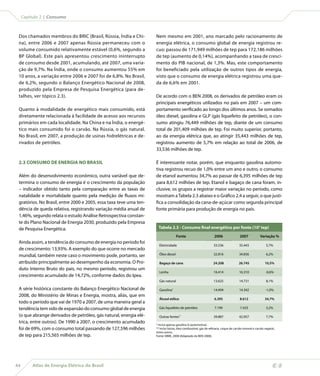 Capítulo 2 | Consumo



 Dos chamados membros do BRIC (Brasil, Rússia, Índia e Chi-         Nem mesmo em 2001, ano marcado pelo racionamento de
 na), entre 2006 e 2007 apenas Rússia permaneceu com o              energia elétrica, o consumo global de energia registrou re-
 volume consumido relativamente estável (0,6%, segundo a            cuo: passou de 171,949 milhões de tep para 172,186 milhões
 BP Global). Este país apresentou crescimento ininterrupto          de tep (aumento de 0,14%), acompanhando a taxa de cresci-
 de consumo desde 2001, acumulando, até 2007, uma varia-            mento do PIB nacional, de 1,3%. Mas, este comportamento
 ção de 9,7%. Na Índia, onde o consumo aumentou 55% em              foi beneficiado pela utilização de outros tipos de energia,
 10 anos, a variação entre 2006 e 2007 foi de 6,8%. No Brasil,      visto que o consumo de energia elétrica registrou uma que-
 de 6,2%, segundo o Balanço Energético Nacional de 2008,            da de 6,6% em 2001.
 produzido pela Empresa de Pesquisa Energética (para de-
 talhes, ver tópico 2.3).                                           De acordo com o BEN 2008, os derivados de petróleo eram os
                                                                    principais energéticos utilizados no país em 2007 – um com-
 Quanto à modalidade de energético mais consumido, está             portamento verificado ao longo dos últimos anos. Se somados
 diretamente relacionada à facilidade de acesso aos recursos        óleo diesel, gasolina e GLP (gás liquefeito de petróleo), o con-
 primários em cada localidade. Na China e na Índia, o energé-       sumo atingiu 76,449 milhões de tep, diante de um consumo
 tico mais consumido foi o carvão. Na Rússia, o gás natural.        total de 201,409 milhões de tep. Foi muito superior, portanto,
 No Brasil, em 2007, a produção de usinas hidrelétricas e de-       ao da energia elétrica que, ao atingir 35,443 milhões de tep,
 rivados de petróleo.                                               registrou aumento de 5,7% em relação ao total de 2006, de
                                                                    33,536 milhões de tep.

 2.3 CONSUMO DE ENERGIA NO BRASIL                                   É interessante notar, porém, que enquanto gasolina automo-
                                                                    tiva registrou recuo de 1,0% entre um ano e outro, o consumo
 Além do desenvolvimento econômico, outra variável que de-          de etanol aumentou 34,7% ao passar de 6,395 milhões de tep
 termina o consumo de energia é o crescimento da população          para 8,612 milhões de tep. Etanol e bagaço de cana foram, in-
 – indicador obtido tanto pela comparação entre as taxas de         clusive, os grupos a registrar maior variação no período, como
 natalidade e mortalidade quanto pela medição de fluxos mi-         mostram a Tabela 2.3 abaixo e o Gráfico 2.4 a seguir, o que justi-
 gratórios. No Brasil, entre 2000 e 2005, essa taxa teve uma ten-   fica a consolidação da cana-de-açúcar como segunda principal
 dência de queda relativa, registrando variação média anual de      fonte primária para produção de energia no país.
 1,46%, segundo relata o estudo Análise Retrospectiva constan-
 te do Plano Nacional de Energia 2030, produzido pela Empresa
 de Pesquisa Energética.                                              Tabela 2.3 - Consumo final energético por fonte (103 tep)
                                                                                    Fonte                          2006                2007             Variação %
 Ainda assim, a tendência do consumo de energia no período foi
                                                                      Eletricidade                                33.536               35.443                5,7%
 de crescimento: 13,93%. A exemplo do que ocorre no mercado
 mundial, também neste caso o movimento pode, portanto, ser           Óleo diesel                                 32.816               34.836                6,2%

 atribuído principalmente ao desempenho da economia. O Pro-           Bagaço de cana                              24.208               26.745               10,5%
 duto Interno Bruto do país, no mesmo período, registrou um
                                                                      Lenha                                       16.414               16.310               -0,6%
 crescimento acumulado de 14,72%, conforme dados do Ipea.
                                                                      Gás natural                                 13.625               14.731                8,1%

 A série histórica constante do Balanço Energético Nacional de        Gasolina*                                   14.494               14.342               -1,0%
 2008, do Ministério de Minas e Energia, mostra, aliás, que em
                                                                      Álcool etílico                               6.395               8.612                34,7%
 todo o período que vai de 1970 a 2007, de uma maneira geral a
 tendência tem sido de expansão do consumo global de energia          Gás liquefeito de petróleo                   7.199                7.433                3,2%

 (o que abrange derivados de petróleo, gás natural, energia elé-      Outras fontes**                             39.887               42.957                7,7%
 trica, entre outros). De 1990 a 2007, o crescimento acumulado
                                                                    * Inclui apenas gasolina A (automotiva).
 foi de 69%, com o consumo total passando de 127,596 milhões        ** Inclui lixívia, óleo combustível, gás de refinaria, coque de carvão mineral e carvão vegetal,
                                                                    entre outros.
 de tep para 215,565 milhões de tep.                                Fonte: MME, 2008 (Adaptado do BEN 2008).




44        Atlas de Energia Elétrica do Brasil
 