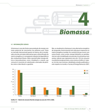 Biomassa | Capítulo 4




                                                                                     Biomassa
                                                                                                                      4
    4.1 INFORMAÇÕES GERAIS

    A biomassa é uma das fontes para produção de energia com            Mas, se atualmente a biomassa é uma alternativa energética
    maior potencial de crescimento nos próximos anos. Tanto             de vanguarda, historicamente tem sido pouco expressiva na
    no mercado internacional quanto no interno, ela é conside-          matriz energética mundial. Ao contrário do que ocorre com
    rada uma das principais alternativas para a diversificação da       outras fontes, como carvão, energia hidráulica ou petróleo,
    matriz energética e a conseqüente redução da dependência            não tem sido contabilizada com precisão. As estimativas mais
    dos combustíveis fósseis. Dela é possível obter energia elé-        aceitas indicam que representa cerca de 13% do consumo
    trica e biocombustíveis, como o biodiesel e o etanol, cujo          mundial de energia primária, como mostra o Gráfico 4.1 abai-
    consumo é crescente em substituição a derivados de petró-           xo. Um dos mais recentes e detalhados estudos publicados a
    leo como o óleo diesel e a gasolina.                                este respeito no mundo, o Survey of Energy Resources 2007,


        50
                                                                                                                                   1973
        45
                                                                                                                                    2006
        40

        35

        30

        25
    %




        20

        15

        10

         5

         0
                        Petróleo    Gás Natural             Carvão              Biomassa            Eletricidade               Outros


    Gráfico 4.1 - Matriz de consumo final de energia nos anos de 1973 e 2006.
    Fonte: IEA, 2008.




                                                                                           Atlas de Energia Elétrica do Brasil            65
 