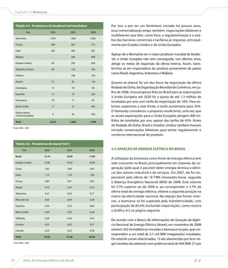 Capítulo 4 | Biomassa



     Tabela 4.5 - Produtores de biodiesel (mil toneladas)            Por isso e por ser um fenômeno iniciado há poucos anos,
                 País                2004       2005         2006
                                                                     essa comercialização exige, também, negociações bilaterais e
                                                                     multilaterais que têm, como foco, a regulamentação e a aná-
     Alemanha                        1.035      1.669        2.681
                                                                     lise das barreiras comerciais e tarifárias já impostas, principal-
     França                          348        492          775     mente por Estados Unidos e da União Européia.
     Itália                          320        396          857
                                                                     Apesar de a Alemanha ser o maior produtor mundial de biodie-
     Malásia                           -        260          600
                                                                     sel, a União Européia não tem conseguido, nos últimos anos,
     Estados Unidos                   83        250          826     atingir as metas de expansão da oferta interna. Assim, trans-
     República Tcheca                 60        133          203     formou-se em importadora do produto proveniente de países
                                                                     como Brasil, Argentina, Indonésia e Malásia.
     Polônia                           -        100          150

     Áustria                          57         85          134     Quanto ao etanol, foi um dos focos da negociação da última
     Eslováquia                       15         78           89     Rodada de Doha, da Organização Mundial do Comércio, em ju-
     Espanha                          13         73          224
                                                                     lho de 2008. Uma proposta feita ao Brasil para as exportações
                                                                     à União Européia até 2020 foi a quota de até 1,3 milhão de
     Dinamarca                        70         71           81
                                                                     toneladas por ano com tarifa de importação de 10%. Para vo-
     Reino Unido                      9          51          445     lumes superiores a este limite, a tarifa aumentaria para 35%.
     Outros países
                                                                     O Itamaraty considerou a proposta insuficiente, uma vez que
                                      6          36          430
     (União Européia)                                                as atuais exportações para a União Européia atingem 900 mi-
     Total                           2.016     3.694        7.495    lhões de toneladas por ano, apesar das tarifas de 45%. Antes
                                                                     da Rodada de Doha, Brasil e Estados Unidos também haviam
 Fonte: WEC, 2007.
                                                                     iniciado conversações bilaterais para tentar regulamentar o
                                                                     comércio internacional do produto.

     Tabela 4.6 - Produtores de etanol (hm3)
              País           2004            2005           2006     4.3 GERAÇÃO DE ENERGIA ELÉTRICA NO BRASIL

     Brasil                  15,10           16,00          17,00
                                                                     A utilização da biomassa como fonte de energia elétrica tem
     Estados Unidos          13,40           16,20          18,40    sido crescente no Brasil, principalmente em sistemas de co-
     China                    3,65           3,80           3,85     geração (pela qual é possível obter energia térmica e elétri-
                                                                     ca) dos setores industrial e de serviços. Em 2007, ela foi res-
     Índia                    1,75           1,70           1,90
                                                                     ponsável pela oferta de 18 TWh (terawatts-hora), segundo
     França                   0,83           0,91           0,95     o Balanço Energético Nacional (BEN) de 2008. Este volume
     Rússia                   0,75           0,75           0,75     foi 21% superior ao de 2006 e, ao corresponder a 3,7% da
                                                                     oferta total de energia elétrica, obteve a segunda posição na
     Alemanha                 0,27           0,43           0,77
                                                                     matriz da eletricidade nacional. Na relação das fontes inter-
     África do Sul            0,42           0,39           0,39
                                                                     nas, a biomassa só foi superada pela hidreletricidade, com
     Espanha                  0,30           0,35           0,46     participação de 85,4% (incluindo importação), como mostra
     Reino Unido              0,40           0,35           0,28
                                                                     o Gráfico 4.3 na página seguinte.

     Tailândia                0,28           0,30           0,35
                                                                     De acordo com o Banco de Informações de Geração da Agên-
     Ucrânia                  0,25           0,25           0,27     cia Nacional de Energia Elétrica (Aneel), em novembro de 2008
     Canadá                   0,23           0,23           0,58     existem 302 termelétricas movidas a biomassa no país, que cor-
                                                                     respondem a um total de 5,7 mil MW (megawatts) instalados.
     Total                   37,63           41,66          45,95
                                                                     Do total de usinas relacionadas, 13 são abastecidas por licor ne-
 Fonte: WEC, 2007.                                                   gro (resíduo da celulose) com potência total de 944 MW; 27 por



70             Atlas de Energia Elétrica do Brasil
 