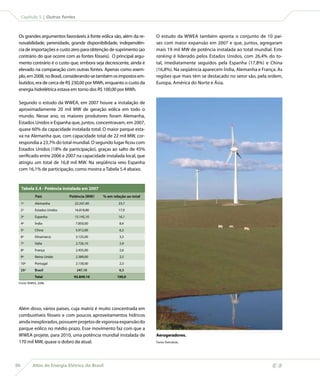 Capítulo 5 | Outras fontes



 Os grandes argumentos favoráveis à fonte eólica são, além da re-       O estudo da WWEA também aponta o conjunto de 10 paí-
 novabilidade, perenidade, grande disponibilidade, independên-          ses com maior expansão em 2007 e que, juntos, agregaram
 cia de importações e custo zero para obtenção de suprimento (ao        mais 19 mil MW de potência instalada ao total mundial. Este
 contrário do que ocorre com as fontes fósseis). O principal argu-      ranking é liderado pelos Estados Unidos, com 26,4% do to-
 mento contrário é o custo que, embora seja decrescente, ainda é        tal, imediatamente seguidos pela Espanha (17,8%) e China
 elevado na comparação com outras fontes. Apenas como exem-             (16,8%). Na seqüência aparecem Índia, Alemanha e França. As
 plo, em 2008, no Brasil, considerando-se também os impostos em-        regiões que mais têm se destacado no setor são, pela ordem,
 butidos, era de cerca de R$ 230,00 por MWh, enquanto o custo da        Europa, América do Norte e Ásia.
 energia hidrelétrica estava em torno dos R$ 100,00 por MWh.

 Segundo o estudo da WWEA, em 2007 houve a instalação de
 aproximadamente 20 mil MW de geração eólica em todo o
 mundo. Nesse ano, os maiores produtores foram Alemanha,
 Estados Unidos e Espanha que, juntos, concentravam, em 2007,
 quase 60% da capacidade instalada total. O maior parque esta-
 va na Alemanha que, com capacidade total de 22 mil MW, cor-
 respondia a 23,7% do total mundial. O segundo lugar ficou com
 Estados Unidos (18% de participação), graças ao salto de 45%
 verificado entre 2006 e 2007 na capacidade instalada local, que
 atingiu um total de 16,8 mil MW. Na seqüência veio Espanha
 com 16,1% de participação, como mostra a Tabela 5.4 abaixo.


     Tabela 5.4 - Potência instalada em 2007
               País             Potência (MW)   % em relação ao total
     1o        Alemanha           22.247,40             23,7
     2o
               Estados Unidos     16.818,80             17,9
     3o
               Espanha            15.145,10             16,1
     4o        Índia               7.850,00              8,4
     5o        China               5.912,00              6,3
     6o
               Dinamarca           3.125,00              3,3
     7o
               Itália              2.726,10              2,9
     8o
               França              2.455,00              2,6
     9o        Reino Unido         2.389,00              2,5
     10   o
               Portugal            2.130,00              2,3
     25   o
               Brasil              247,10                0,3
               Total              93.849,10             100,0
 Fonte: WWEA, 2008.




 Além disso, vários países, cuja matriz é muito concentrada em
 combustíveis fósseis e com poucos aproveitamentos hídricos
 ainda inexplorados, possuem projetos de vigorosa expansão do
 parque eólico no médio prazo. Esse movimento faz com que a
 WWEA projete, para 2010, uma potência mundial instalada de             Aerogeradores.
 170 mil MW, quase o dobro da atual.                                    Fonte: Eletrobrás.




80            Atlas de Energia Elétrica do Brasil
 