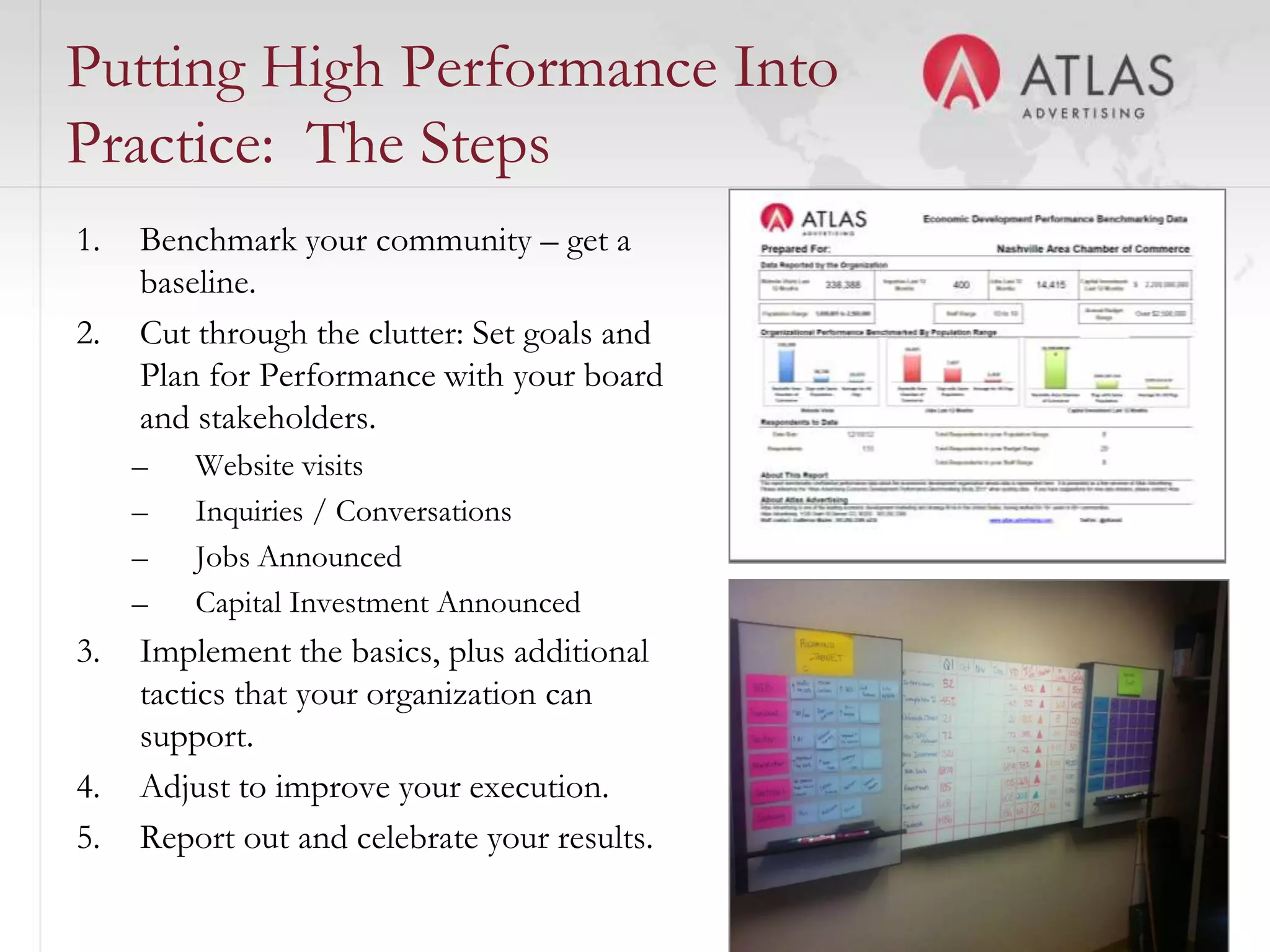 Putting High Performance Into
Practice: The Steps
1.   Benchmark your community – get a
     baseline.
2.   Cut through the clutter: Set goals and
     Plan for Performance with your board
     and stakeholders.
     –   Website visits
     –   Inquiries / Conversations
     –   Jobs Announced
     –   Capital Investment Announced
3.   Implement the basics, plus additional
     tactics that your organization can
     support.
4.   Adjust to improve your execution.
5.   Report out and celebrate your results.
                                        51
 