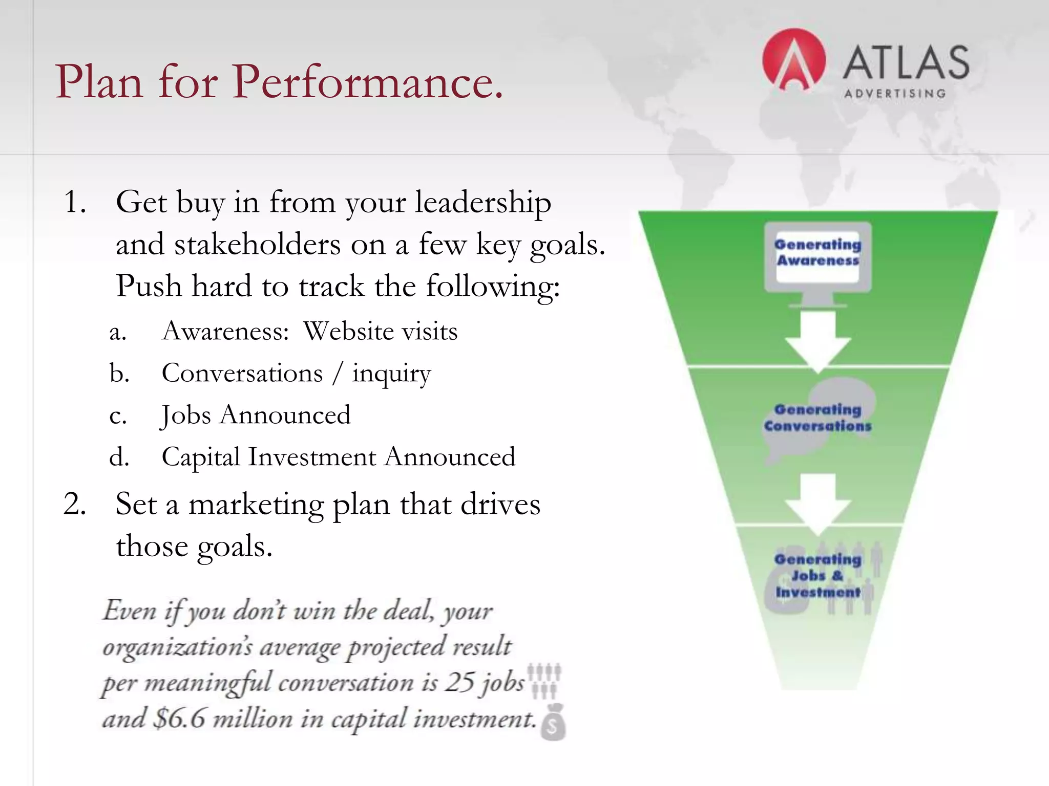 Plan for Performance.

1. Get buy in from your leadership
   and stakeholders on a few key goals.
   Push hard to track the following:
   a.   Awareness: Website visits
   b.   Conversations / inquiry
   c.   Jobs Announced
   d.   Capital Investment Announced
2. Set a marketing plan that drives
   those goals.



                                   52
 