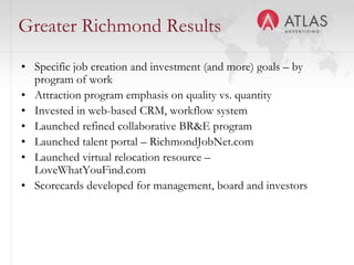 Greater Richmond Results
• Specific job creation and investment (and more) goals – by
  program of work
• Attraction program emphasis on quality vs. quantity
• Invested in web-based CRM, workflow system
• Launched refined collaborative BR&E program
• Launched talent portal – RichmondJobNet.com
• Launched virtual relocation resource –
  LoveWhatYouFind.com
• Scorecards developed for management, board and investors



                               41
 