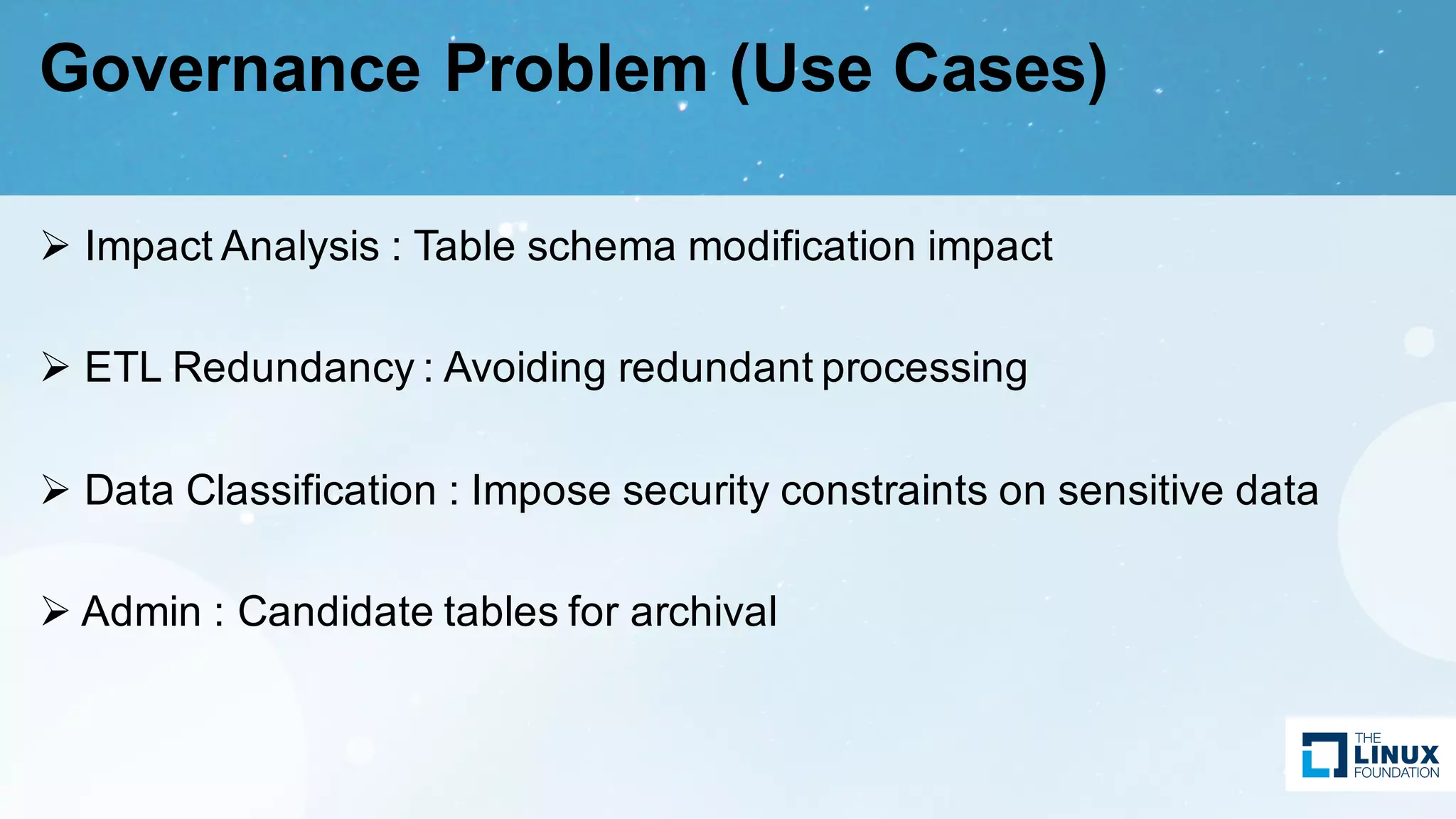 Governance Problem (Use Cases)
Ø Impact Analysis : Table schema modification impact
Ø ETL Redundancy : Avoiding redundant processing
Ø Data Classification : Impose security constraints on sensitive data
Ø Admin : Candidate tables for archival
 