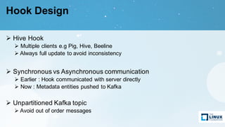 Hook Design
Ø Hive Hook
Ø Multiple clients e.g Pig, Hive, Beeline
Ø Always full update to avoid inconsistency
Ø Synchronous vs Asynchronous communication
Ø Earlier : Hook communicated with server directly
Ø Now : Metadata entities pushed to Kafka
Ø Unpartitioned Kafka topic
Ø Avoid out of order messages
 