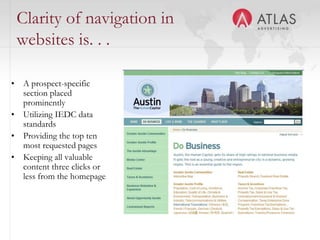 Trends in ED websitesContent is becoming ever more importantContent is also diversifying, including:PagesProperty dataDemographic dataBusiness dataDownloadsVideoSocial media is making all of what we do more transparentThe conversation is moving from back rooms and private meetings to be online