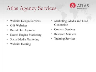 Atlas Agency ServicesWebsite Design ServicesGIS WebsitesBrand DevelopmentSearch Engine MarketingSocial Media MarketingWebsite Hosting Marketing, Media and Lead Generation