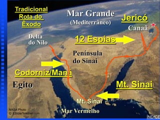 Tradicional                                  Exodus Major Events Map




    Rota do            Mar Grande Jericó
     Êxodo             (Mediterrâneo)
                                        Canaã
            Delta
            do Nilo       12 Espias
                         Península
                         do Sinai
   Codorniz/Maná
  Egito                               Mt. Sinai
                          Mt. Sinai
NASA Photo
© EBibleTeacher.com   Mar Vermelho
                                             ÍNDICE
 
