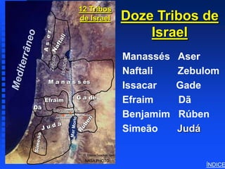 12 Tribos
                         de Israel               Doze Tribos deTwelve Tribes of Israel




                                                     Israel
                                                 Manassés   Aser
                Jordão
                                                 Naftali    Zebulom
      M a n a s s és
                                                 Issacar    Gade
                Rio




                         G a de
     Efraim                                      Efraim     Dã
Dã     Benjamim
              Jericó
        Jerusalém
                         Mt.Nebo                 Benjamim   Rúben
                                                 Simeão     Judá

                           © EBibleTeacher.com
                            NASA PHOTO
                                                                                         ÍNDICE
 