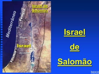 Israel de                        Solomon’s Israel




                 Salomão




 Siquém
            Jordão
            Rio
                                            Israel
Israel
Jerusalém
                                             de
                                           Salomão
                     © EBibleTeacher.com
                       NASA PHOTO
                                                                     ÍNDICE
 