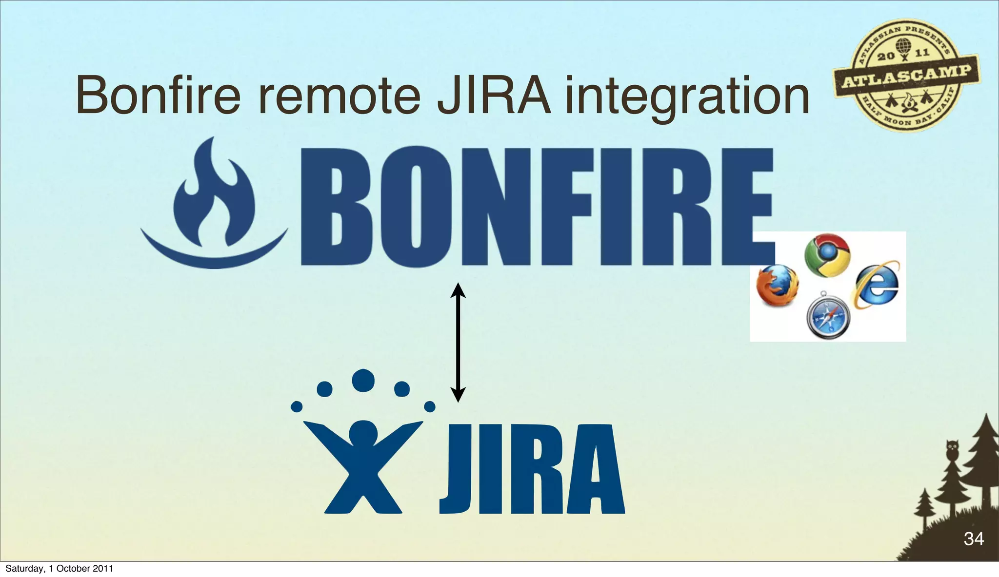 Bonﬁre remote JIRA integration




                                                34
Saturday, 1 October 2011
 