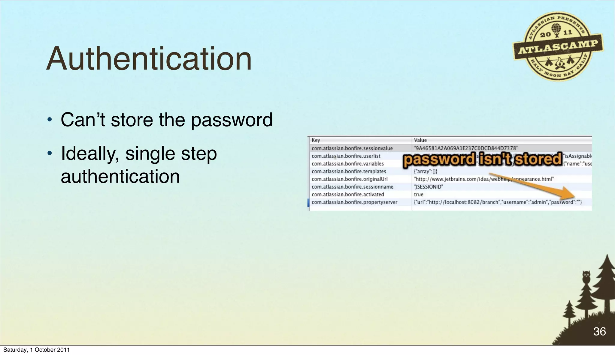 Authentication
               • Canʼt store the password
               • Ideally, single step
                 authentication




                                            36
Saturday, 1 October 2011
 