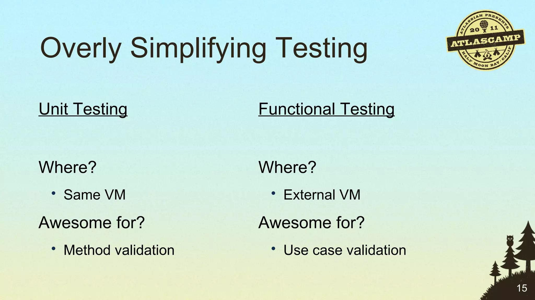 Overly Simplifying Testing Unit Testing Where? Same VM Awesome for? Method validation Functional Testing Where? External VM Awesome for? Use case validation 