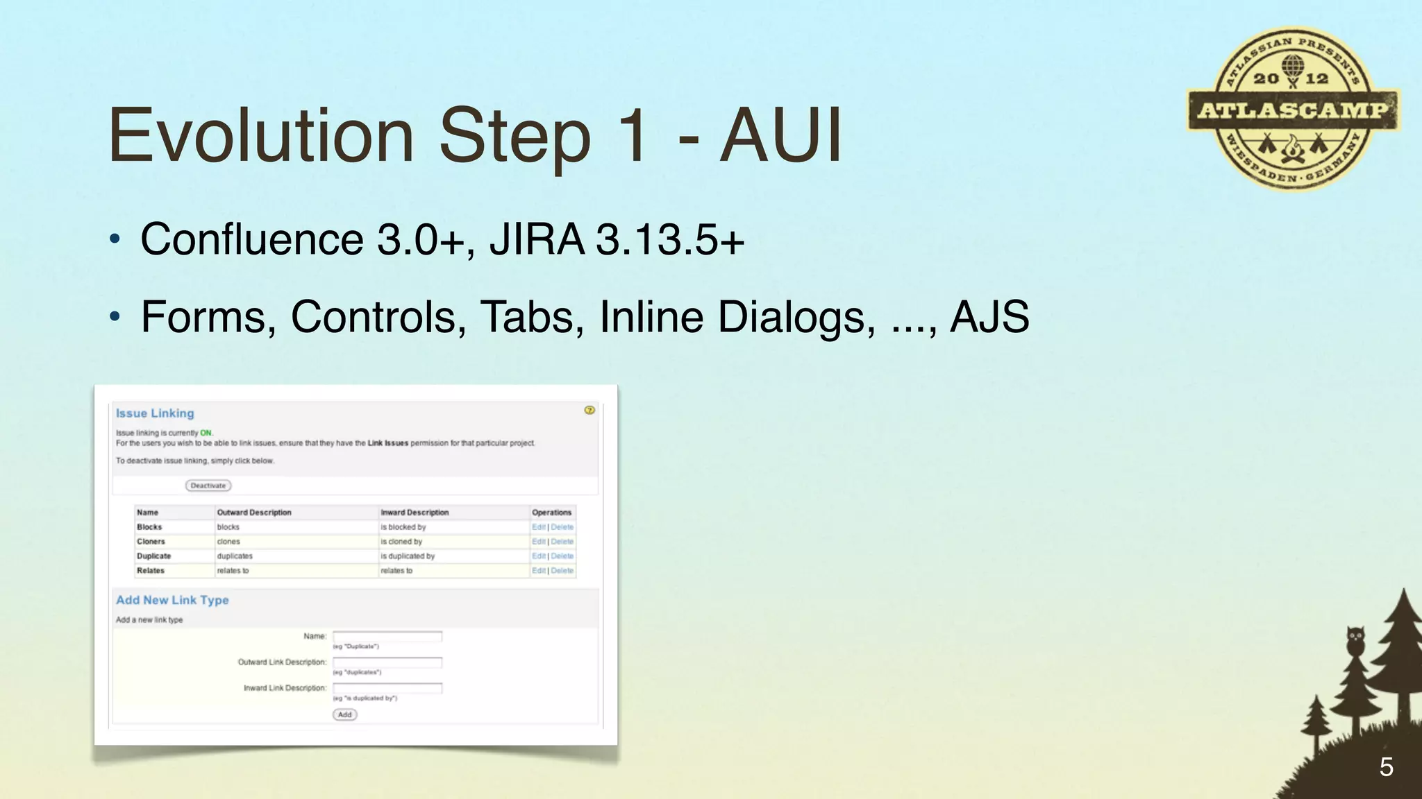 Evolution Step 1 - AUI
• Conﬂuence 3.0+, JIRA 3.13.5+
• Forms, Controls, Tabs, Inline Dialogs, ..., AJS




                                                    5
 