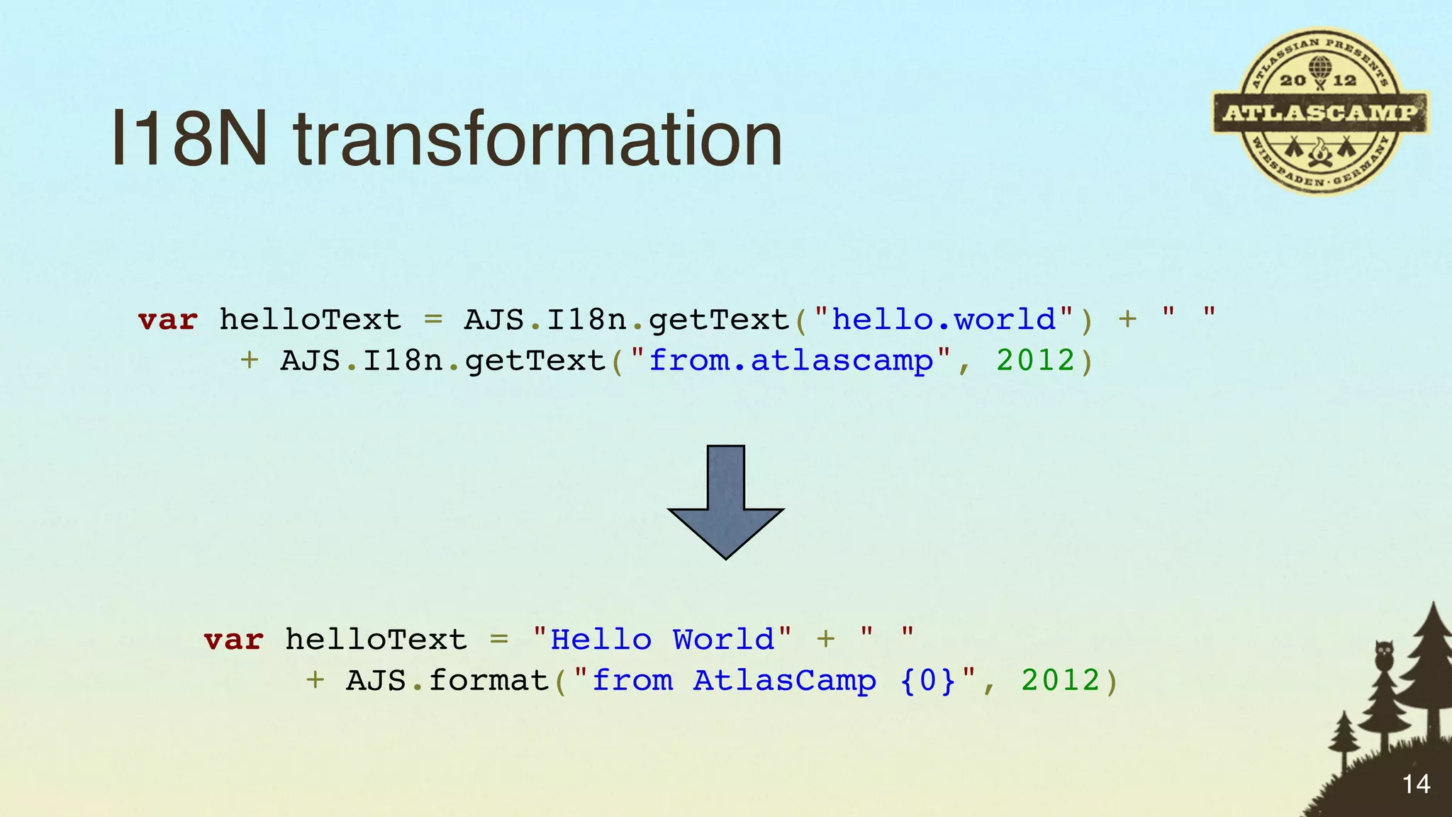 I18N transformation

var helloText = AJS.I18n.getText("hello.world") + " "
     + AJS.I18n.getText("from.atlascamp", 2012)




   var helloText = "Hello World" + " "
        + AJS.format("from AtlasCamp {0}", 2012)


                                                        14
 