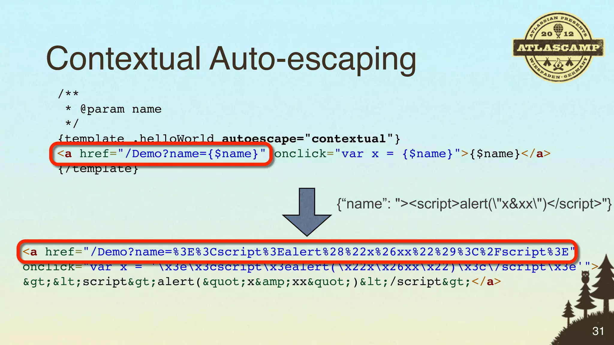 Contextual Auto-escaping
    /**
     * @param name
     */
    {template .helloWorld autoescape="contextual"}
    <a href="/Demo?name={$name}" onclick="var x = {$name}">{$name}</a>
    {/template}

                                         {“name”: "><script>alert("x&xx")</script>"}


<a href="/Demo?name=%3E%3Cscript%3Ealert%28%22x%26xx%22%29%3C%2Fscript%3E"
onclick="var x = 'x3ex3cscriptx3ealert(x22xx26xxx22)x3c/scriptx3e'">
&gt;&lt;script&gt;alert(&quot;x&amp;xx&quot;)&lt;/script&gt;</a>



                                                                                  31
 