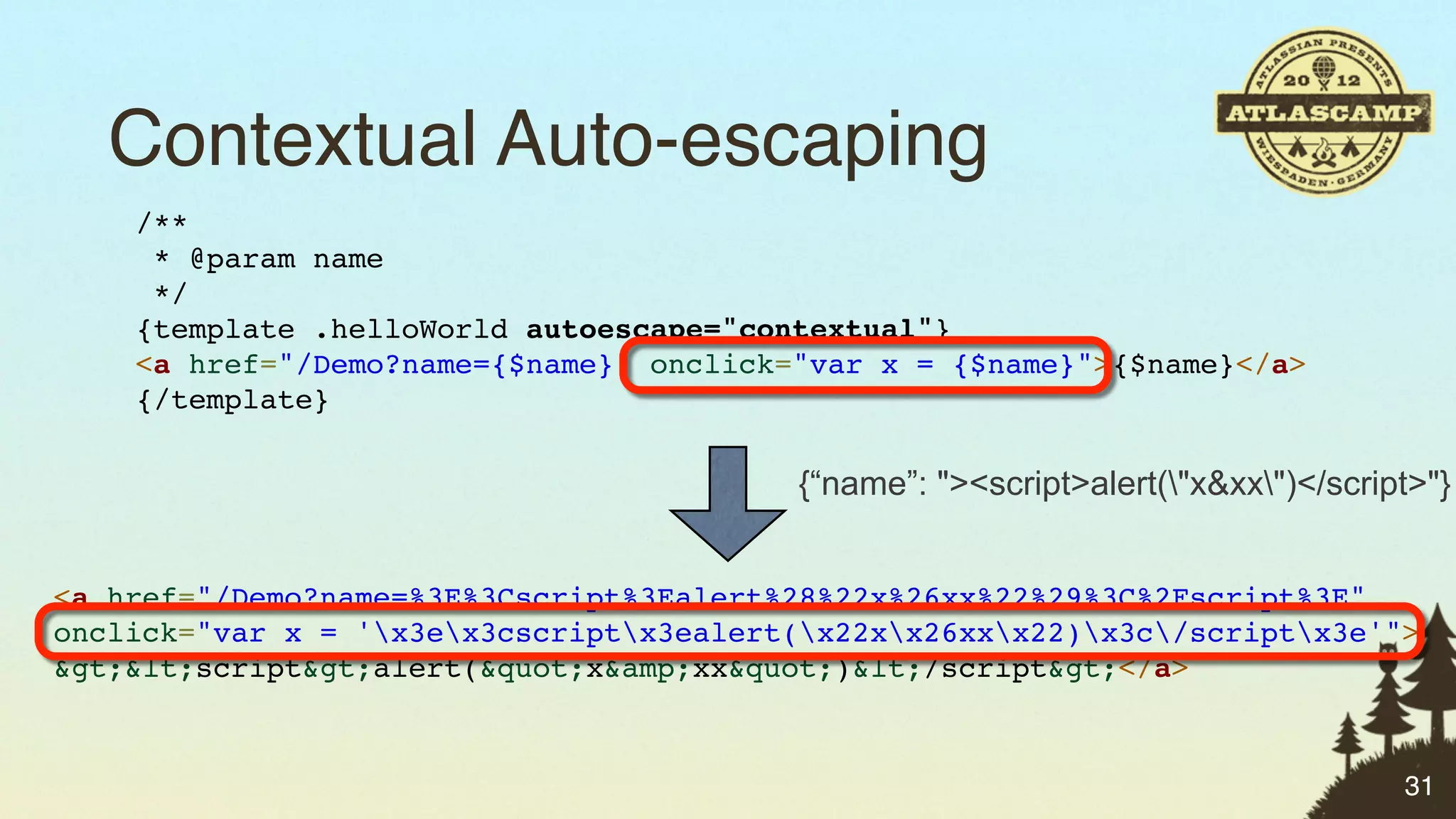 Contextual Auto-escaping
    /**
     * @param name
     */
    {template .helloWorld autoescape="contextual"}
    <a href="/Demo?name={$name}" onclick="var x = {$name}">{$name}</a>
    {/template}

                                         {“name”: "><script>alert("x&xx")</script>"}


<a href="/Demo?name=%3E%3Cscript%3Ealert%28%22x%26xx%22%29%3C%2Fscript%3E"
onclick="var x = 'x3ex3cscriptx3ealert(x22xx26xxx22)x3c/scriptx3e'">
&gt;&lt;script&gt;alert(&quot;x&amp;xx&quot;)&lt;/script&gt;</a>



                                                                                  31
 