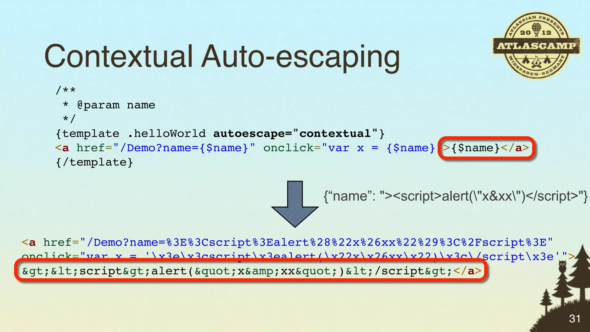 Contextual Auto-escaping
    /**
     * @param name
     */
    {template .helloWorld autoescape="contextual"}
    <a href="/Demo?name={$name}" onclick="var x = {$name}">{$name}</a>
    {/template}

                                         {“name”: "><script>alert("x&xx")</script>"}


<a href="/Demo?name=%3E%3Cscript%3Ealert%28%22x%26xx%22%29%3C%2Fscript%3E"
onclick="var x = 'x3ex3cscriptx3ealert(x22xx26xxx22)x3c/scriptx3e'">
&gt;&lt;script&gt;alert(&quot;x&amp;xx&quot;)&lt;/script&gt;</a>



                                                                                  31
 