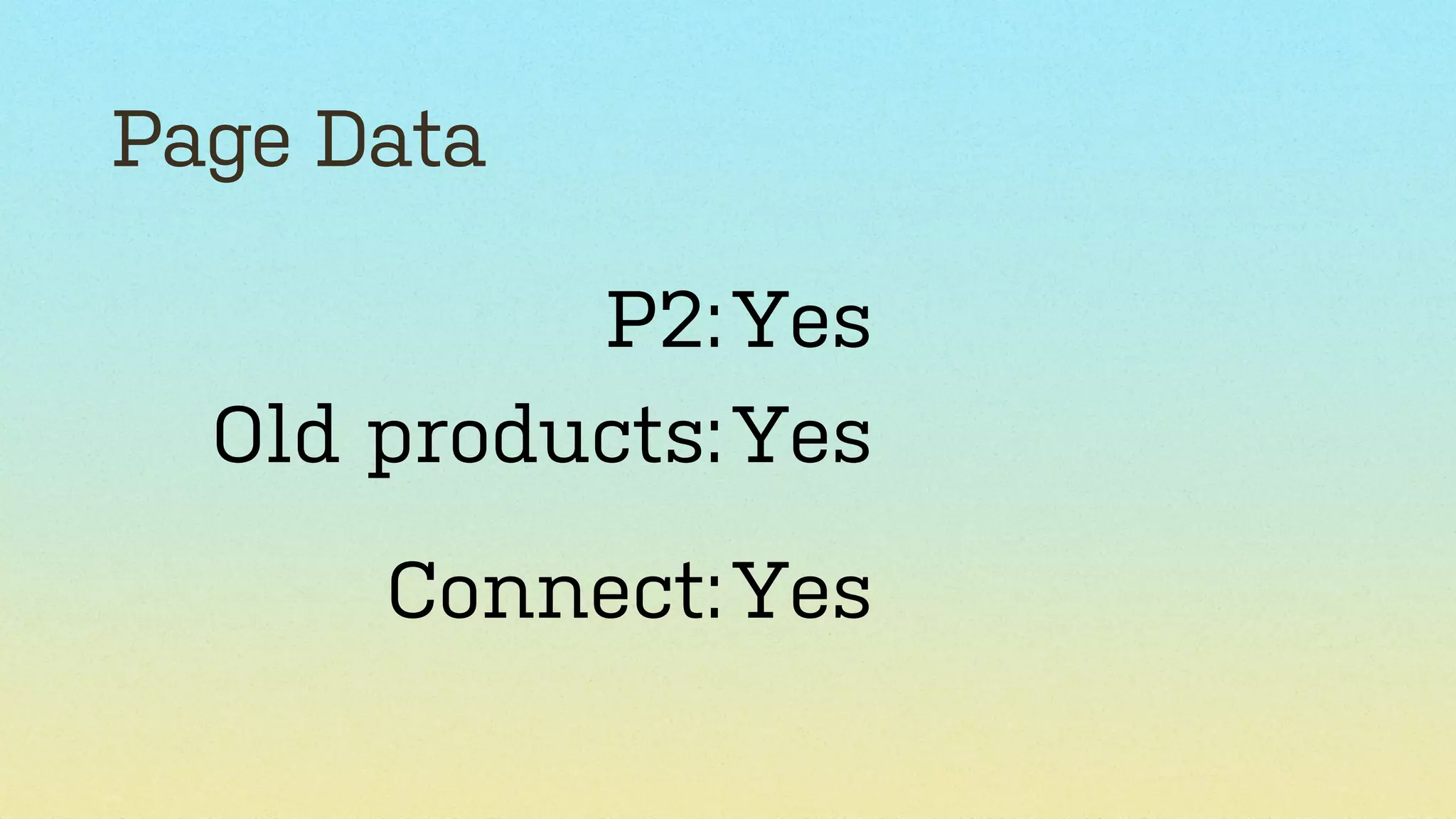 Page Data
P2: Yes
Old products: Yes
Connect: Yes

 
