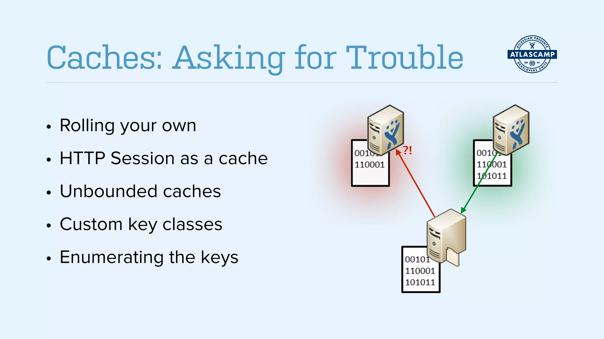 • Rolling your own
• HTTP Session as a cache
• Unbounded caches
• Custom key classes
• Enumerating the keys
Caches: Asking for Trouble
?!
 