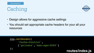 • Design allows for aggressive cache settings!
• You should set appropriate cache headers for your all your
resources
Caching
res.setHeader(!
!! ! 'Cache-Control',!
!! ! ['private','max-age=3600']!
);
routes/index.js
PERFORMANCE
 